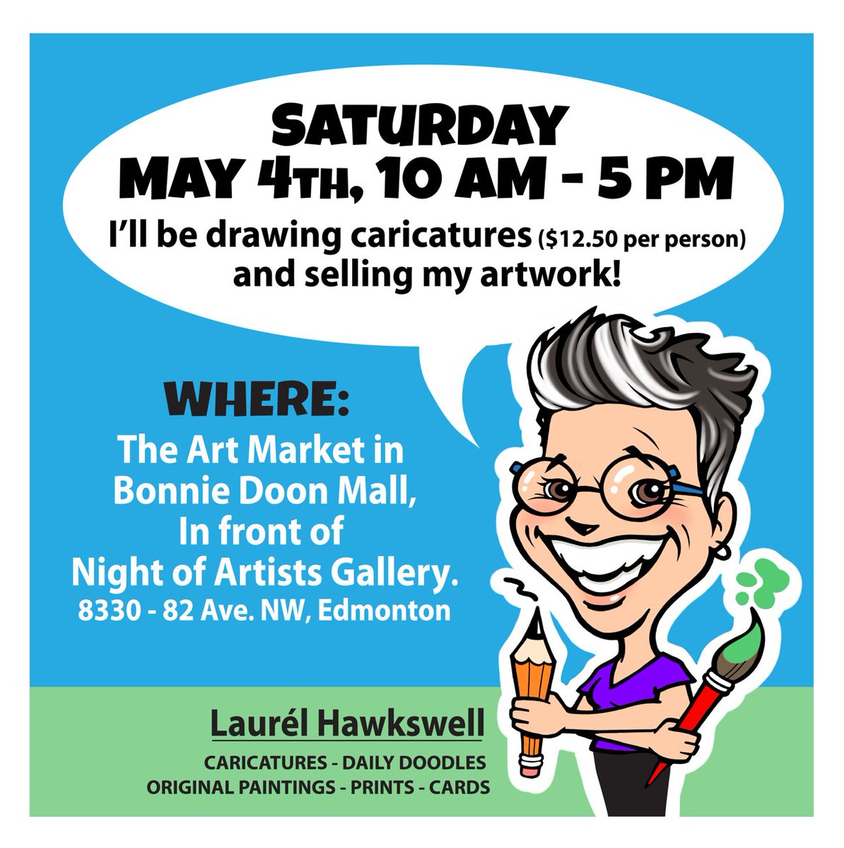 You’re invited to come out to the Art Market and Night of Artists Gallery in Bonnie Doon Mall this Saturday. See you there! #Yeg #YegEvents #YegArtists #artists #Caricature #cartoons #paintings #cards #prints #ShopLocal