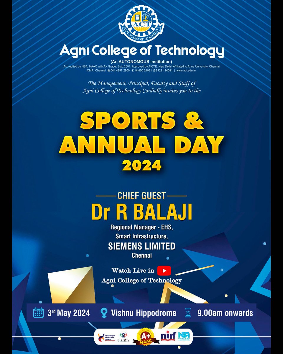 Hello all, 
Sports & Annual Day 2024 will be on live soon

Live Link: youtube.com/live/h-cgjmn2x…

#AgniCollegeofTechnology #SportsDay #AnnualDay #Live #YouTube ##Culturals #CollegeCulturals