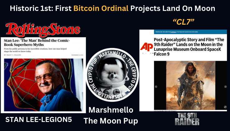 First Bitcoin Ordinal Projects On the Moon (3) The 9th Raider Movie, Marshmello aka Cryptopup, Stan Lee's & Advent's Legion5 Project -all the 1st and only bitcoin ordinals on moon Launched on @SpaceX {IM-1] and landed on Moon 2.22.2024 in Lunprise Museum. apnews.com/press-release/…
