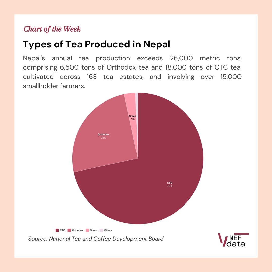 #ChartoftheWeek Nepal's annual tea production exceeds 26,000 metric tons, comprising 6,500 tons of Orthodox tea and 18,000 tons of CTC tea, cultivated across 163 tea estates, and involving over 15,000 smallholder farmers. Check out #NEFData for data-driven analysis!

#NEF2024