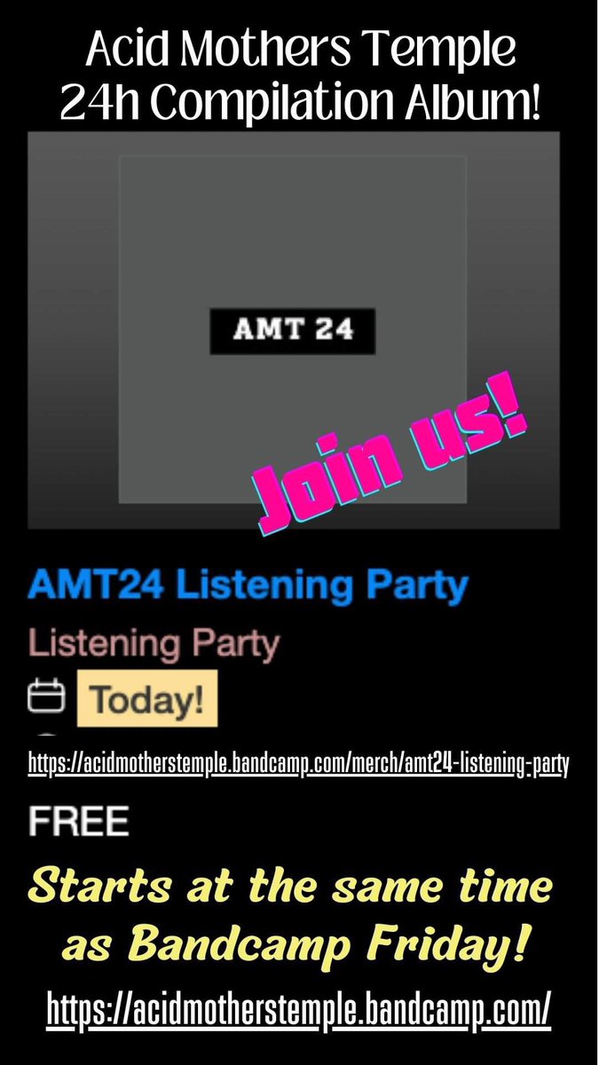 BandcampFriday starts in 3 hours! Acid Mothers Temple has released two new DIY CDR albums and a 24 hours digital best album! There will also be a 'Bandcamp Listening Party', a free listening party for fans. Please join us!! acidmotherstemple.bandcamp.com/merch/amt24-li…