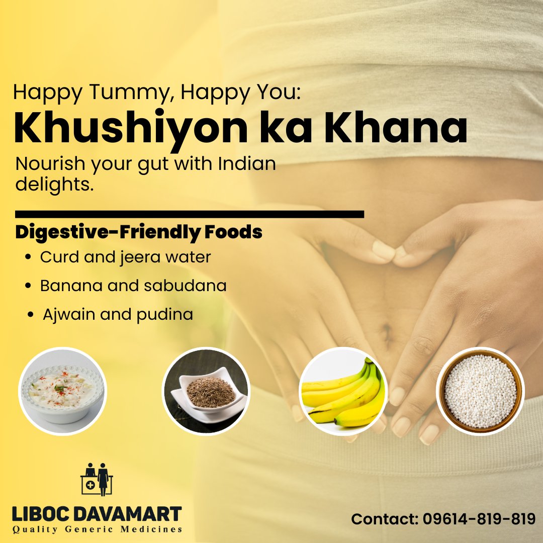 Indulge in Indian delights while keeping your gut happy! Liboc Davamart offers digestive-friendly foods like curd and jeera water, banana and sabudana, ajwain and pudina. #HappyTummy #HealthyDigestion #LibocDavamart #DelhiPharmacy 🍽️