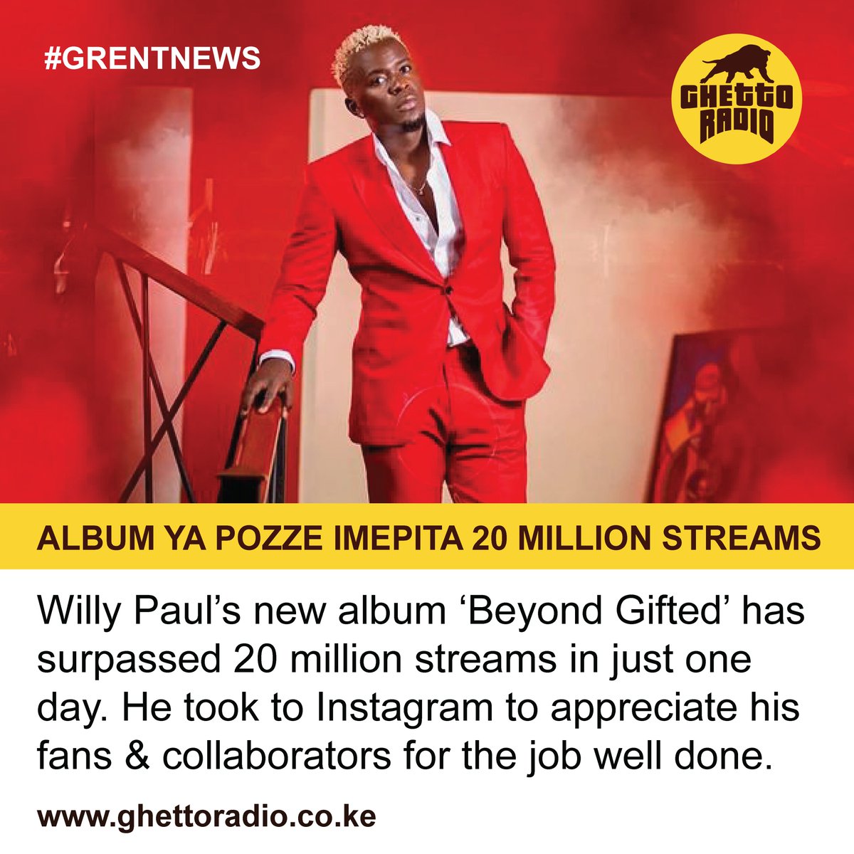 Willy Paul's New Album “Beyond Gifted' Has Surpassed 20 Million Total Streams.
#GREntnews
#Brekko