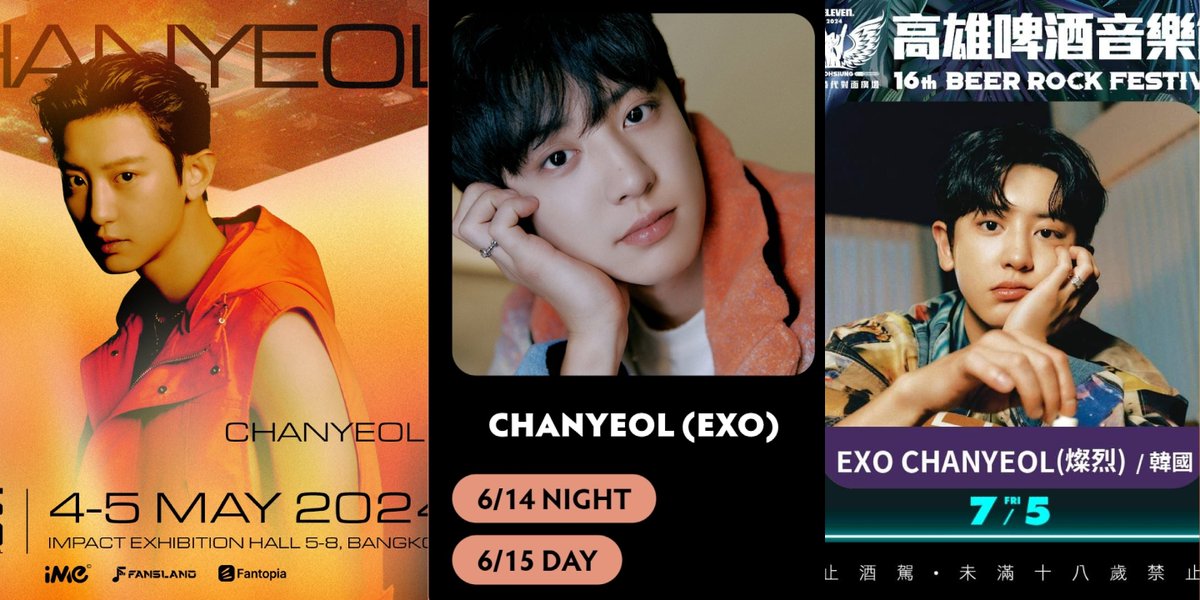 CHANYEOL's Upcoming Festival Schedules May 5 (Sunday) 🔥 Fansland Music Festival in Bangkok June 14 (Friday) & June 15 (Saturday) 🔥 X Voice III Party in Yokohama July 5 (Friday) 🔥 Beer Rock Festival in Kaohsiung