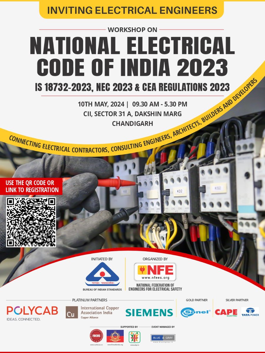 🔌✨ Calling All Electrical Engineers in Punjab! ✨🔌
We are thrilled to invite you to an exclusive workshop on the National Electrical Code of India 2023. 

Link to Register: zurl.co/3OBp  

#Capeelectric #Nfees #Nec2023 #Electricalsafety #May #Punjab
