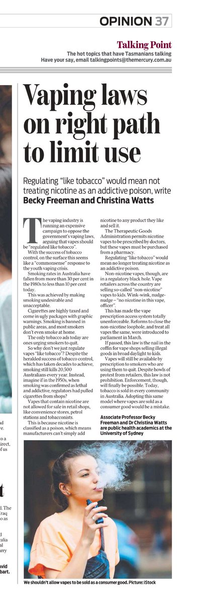 @SimonChapman6 @TammyTyrrell_ Well said @DrBFreeman and @WattsChrissy90 in the Mercury today. Counteracting the nicotine poison promoters in the National Party and a former #JLN Senator. #politas @CCNewSouthWales @CancerVic @SandroDemaio @Mark_Butler_MP @MauriceGSwanson @MelissaSweetDr @PaulLupo11