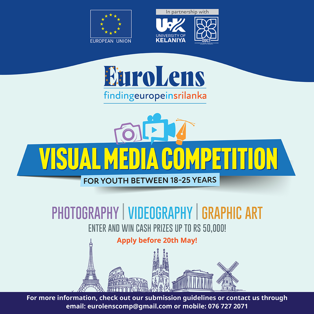 ✨Ahead of #EuropeDay2024, we are inviting all #young people aged 18-25 to embark on a creative journey and discover pieces of Europe in Sri Lanka through the #EuroLens visual media competition 📷🎥🎨 For more information visit: shorturl.at/fAFH4 #EUinSriLanka