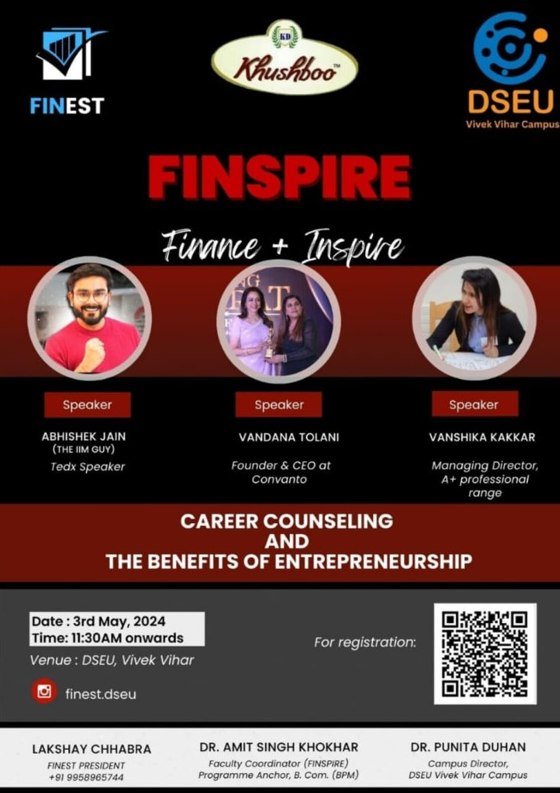 #financeclub and #E-cell at the #DSEU Vivek Vihar Campus are organizing FINSPIRE, a seminar on #CareerCounseling & #Entrepreneurship, featuring two trailblazing #entrepreneurs and a captivating #TEDx speaker! Secure your spot now!
#seminar #LearningOpportunity #personalgrowth