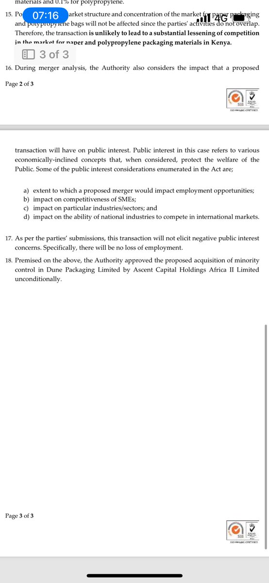 The Competition Authority of Kenya has approved the proposed acquisition of minority control in Dune Packaging Limited by Ascent Capital Holdings Africa II Limited unconditionally.