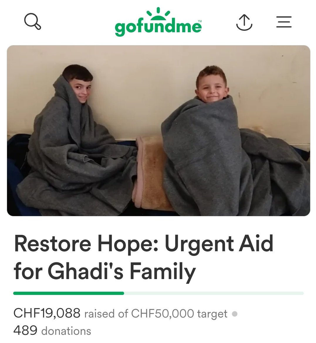 Thank you, donors 🫶🏻 
The goal of 18k chf and 19k has been closed ✅️ and we are close to the near goal of 20k. This goal will guarantee the safety of half the family to Egypt.

⛔️ Please Share and Donate 🍉
gofundme.com/f/restore-hope…