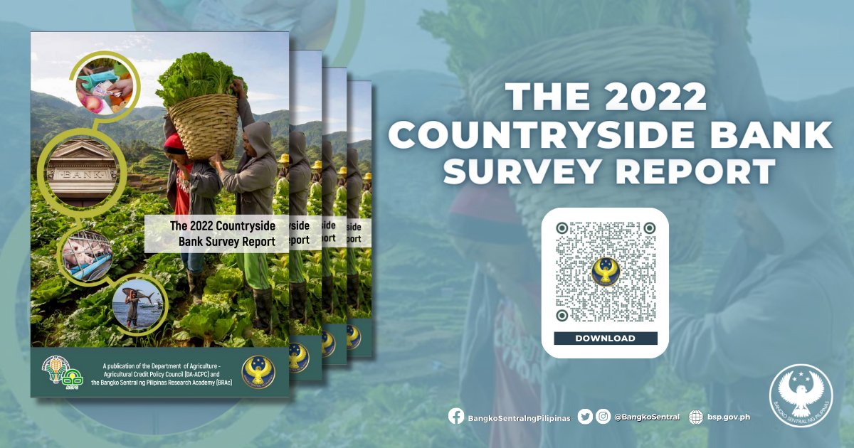 The share of agriculture loans and services increased to 18.1 percent in 2022 from 17.6 percent in 2021, according to the 2022 Countryside Bank Survey report released by the BSP. Scan the QR code or download the full report here: bsp.gov.ph/Media_And_Rese…
