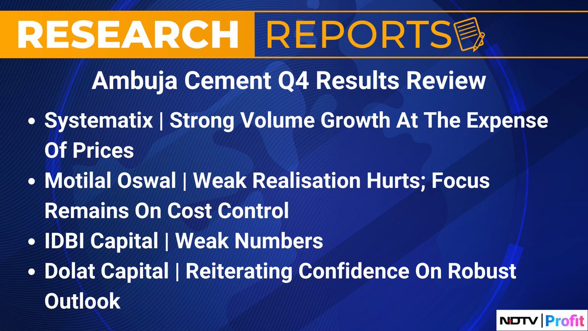 #Q4WithNDTVProfit | Here's what brokerages make of #AmbujaCement's fourth quarter results.      

For more, visit our Research Reports section: bit.ly/3HrgiME