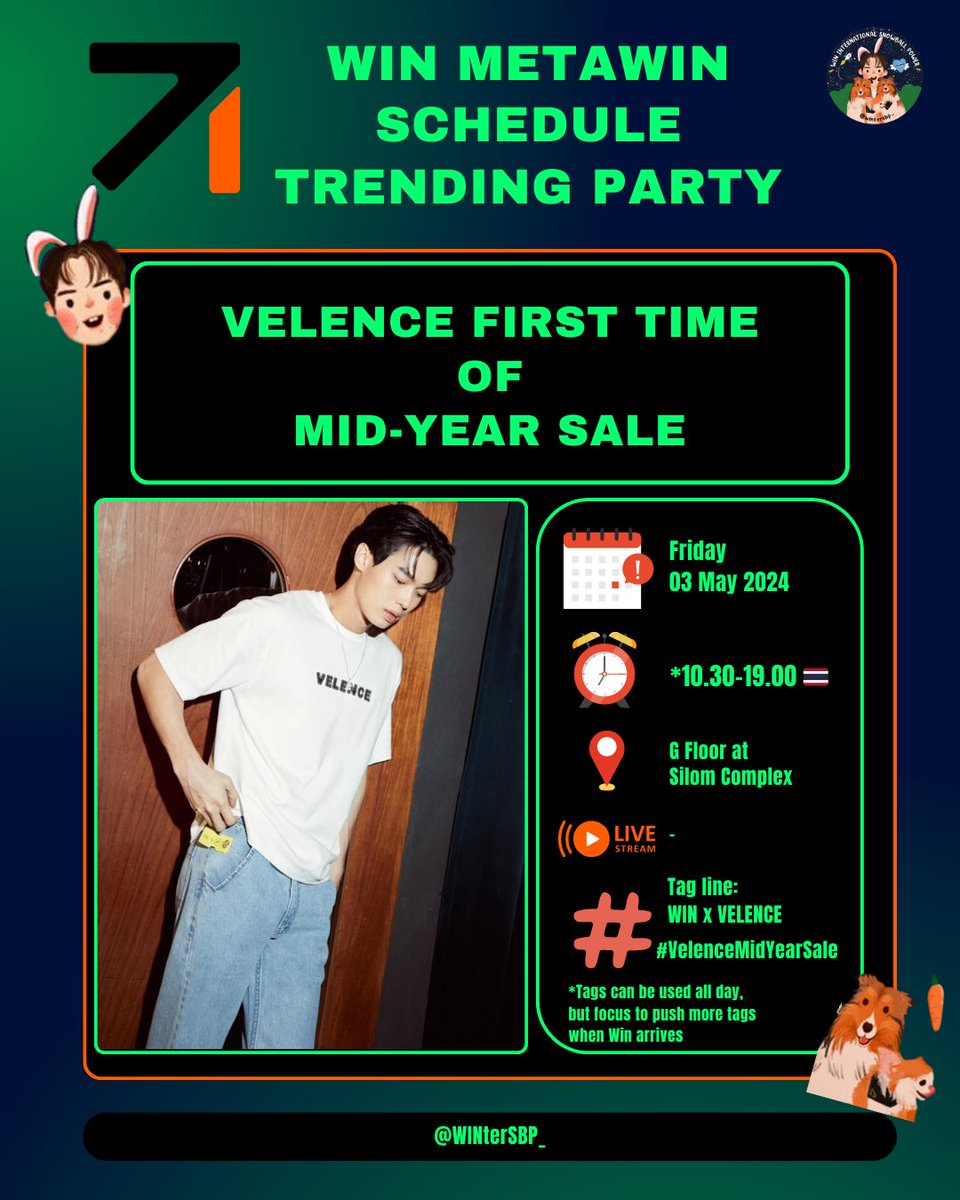 Winmetawin Schedule Today (03.05.2024)

💚 VELENCE FIRST TIME OF MID-YEAR SALE 

⏰ 10.30-19.00 (GMT+7/🇹🇭)*

Hashtag
#.VelenceMidYearSale
Tag line : WIN X VELENCE

*Tags can be used all day, but push more when Win arrives.

Win Metawin 
#winmetawin #snowballpower #wmtwschedule