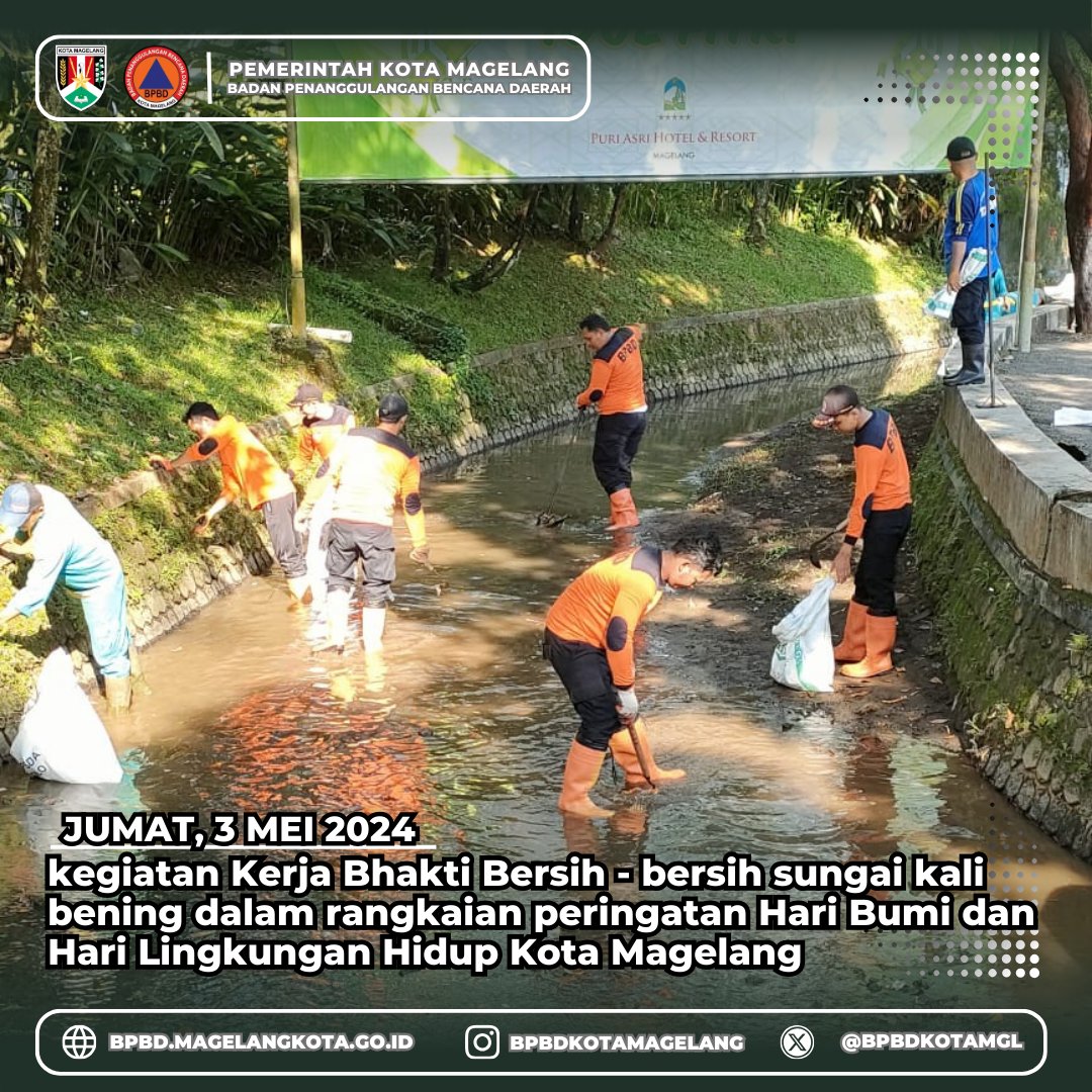 BPBD Kota Magelang mengikuti kegiatan Kerja Bhakti Bersih - bersih sungai kali bening dalam rangkaian peringatan Hari Bumi dan Hari Lingkungan Hidup Kota Magelang  yang dilaksanakan pada Jumat, 3 Mei 2024. 
___
#magelangkotasepeda
#salamtangguh
#salamkemanusiaan
#siapuntukselamat