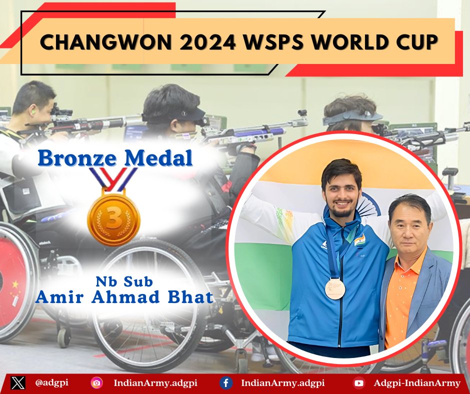 #Proud

#IndianArmy Para-Athlete Nb Sub Amir Ahmad Bhat won #BronzeMedal 🥉in P4-Mixed 50m Pistol (Para-Shooting) team event in the Changwon 2024 WSPS World Cup held in #SouthKorea & brought laurels to the #Nation & #IndianArmy.

#Sports
#MissionOlympics