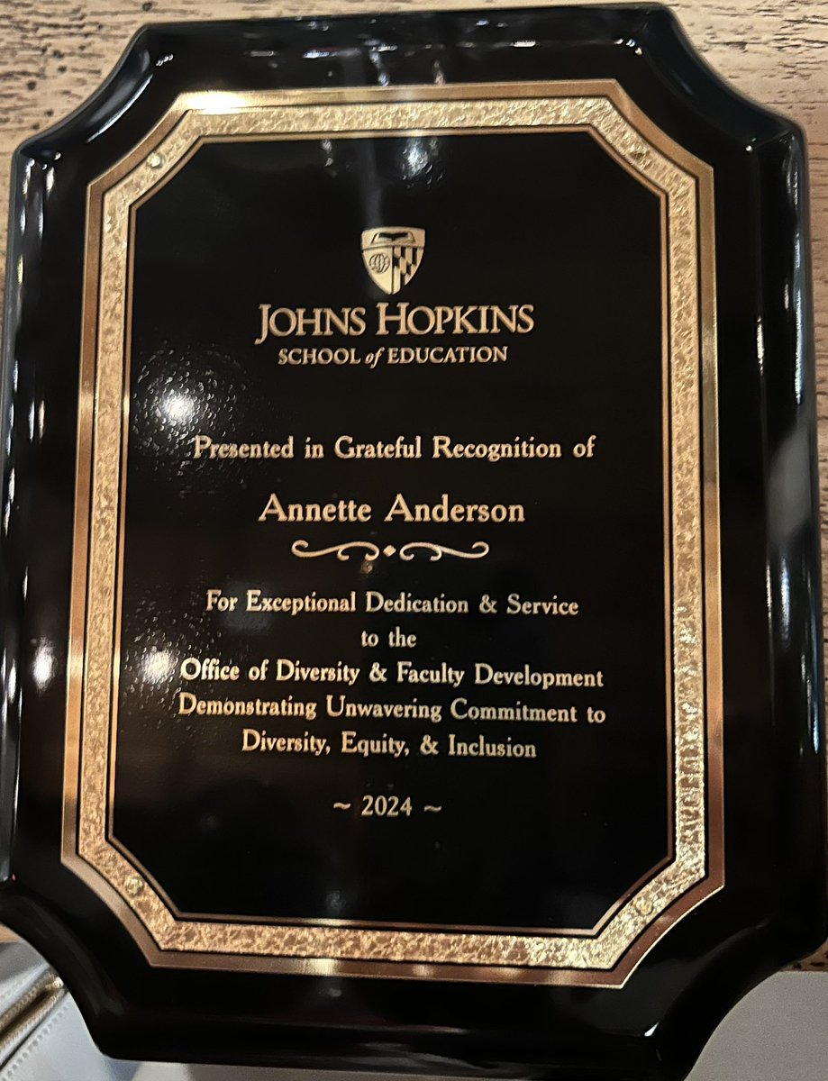 Simply stunned to receive this @JHUeducation award from the Office of Diversity and Faculty Development this evening. Grateful for a chance to honor the absolute goat @ndayvines, her fantastic staff and my beloved colleagues across #SOE who work so hard to have a greater impact.