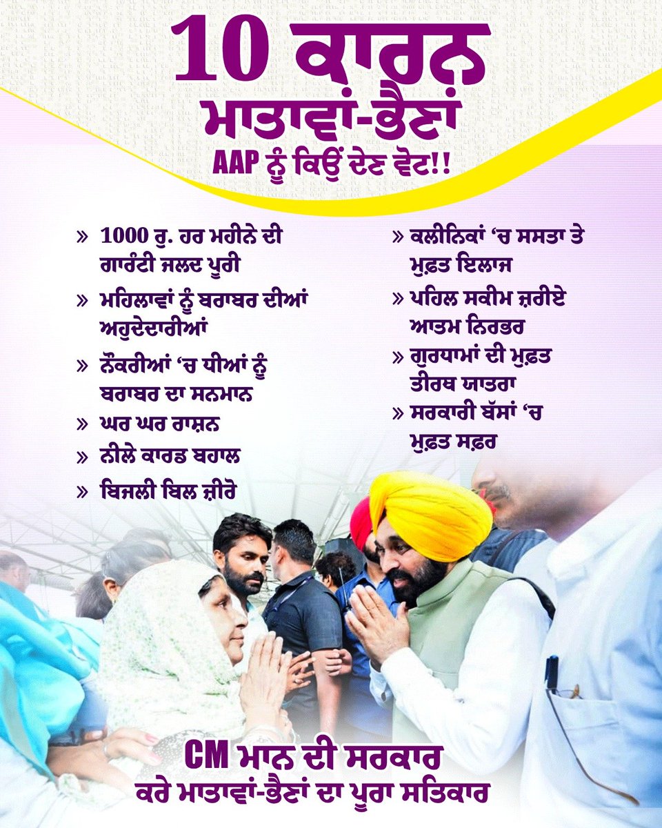 10 reasons why the women should vote for Aam Aadmi Party in Punjab 1️⃣ AAP Govt to soon fulfill the guarantee of ₹1,000 per month to women 2️⃣ Women have been given posts & positions equally 3️⃣ Women getting more jobs in Punjab 4️⃣ 'Ghar Ghar Ration' scheme 5️⃣ Blue Ration…