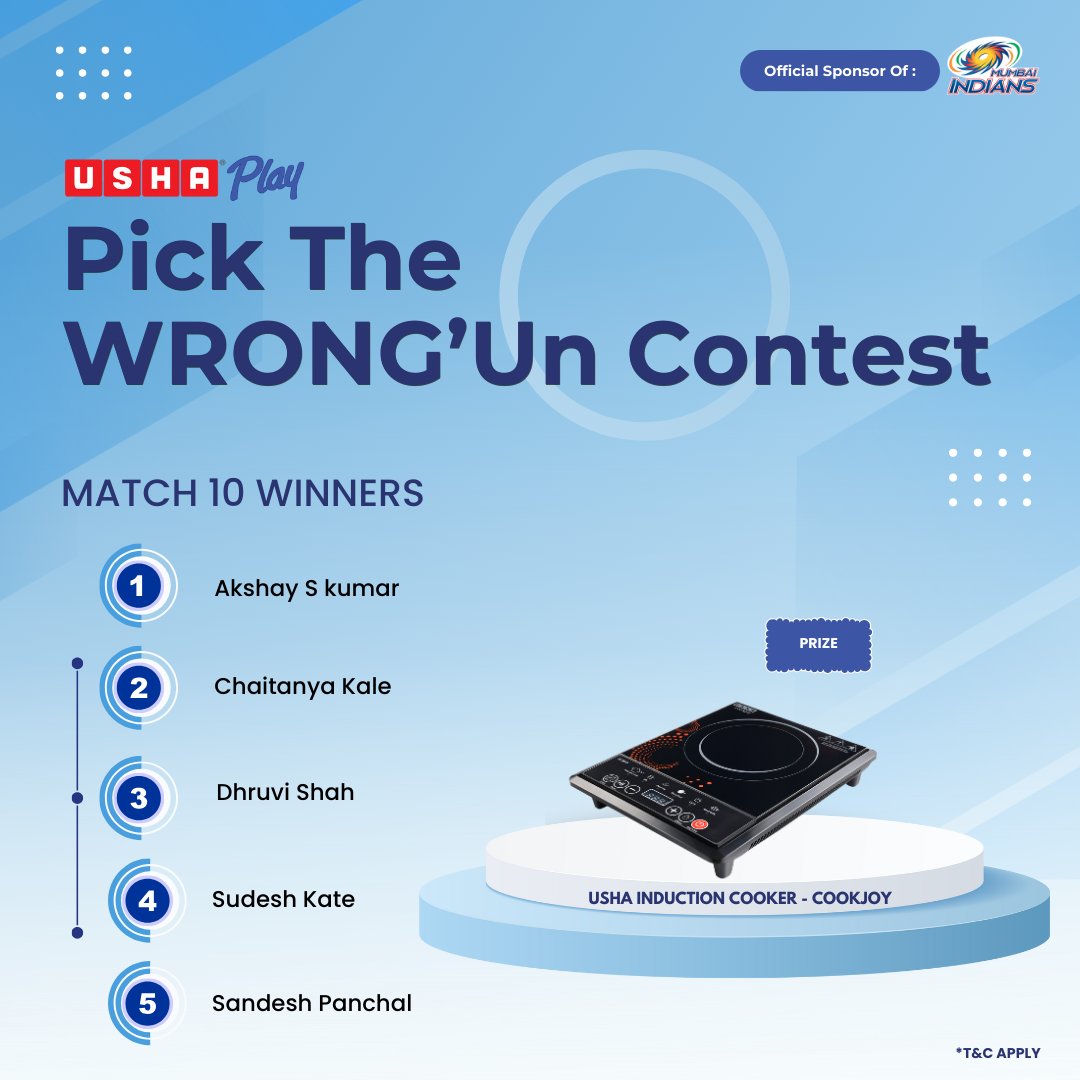 Celebrating the champions of Match 10 in the 'Pick The WRONG'Un' Contest! 🎉 Congratulations to Akshay, Chaitanya, Dhruvi, Sudesh, and Sandesh. You've expertly spotted the Wrong'Uns! Keep your game sharp for more challenges ahead with #UshaPlay! #MumbaiIndians #OneFamily