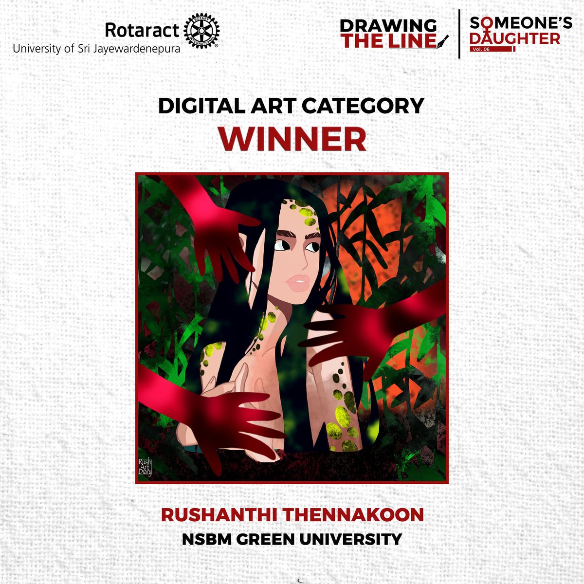 rotaractusjp's tweet photo. Congratulations to Rushanthi Thennakoon for their outstanding digital masterpiece that adds depth and meaning to our collective mission of ending GBV🎨🖌️✨

#SomeonesDaughter #Vol6
#DrawingTheLine
#RACUSJ
#Rotaract
#Rotaract3220
#CreatingHopeintheWorld
#YouthForAll https://t.co/xlf1G17Zk2