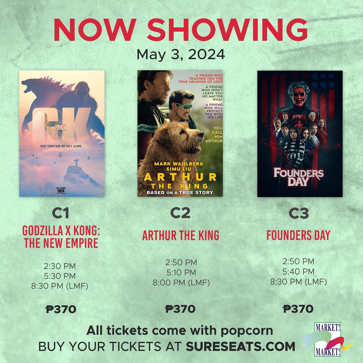 Perfect way to end the work week with good movies NOW SHOWING here at Market! Market! cinemas. You deserve it! 🎬 

Book your tickets at SureSeats.com or drop by our ticket booth on the 5/F! 

#FunInTheFinds #iLoveMarketMarket