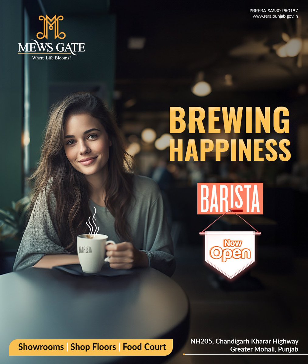 Happiness is a freshly brewed cup of coffee. Barista is now open at Mews Gate. Showrooms | Shop Floors | Food Court 📍NH 205, Chandigarh Kharar Highway Greater Mohali, Punjab ↘️ Call us at 90695-90695 #MewsGate #Barista #CoffeeTime #CoffeeLovers #Food #Foodie #FoodJoint
