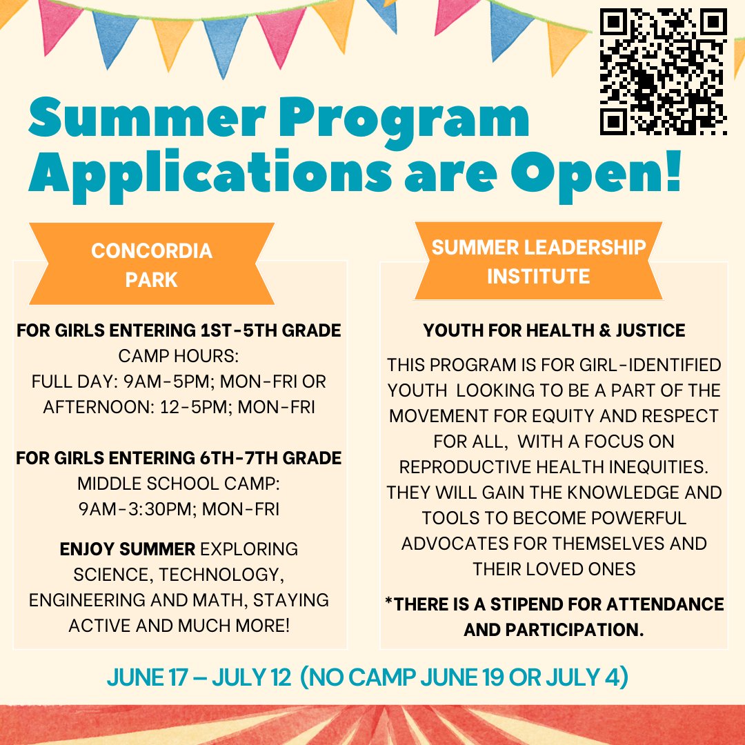 Our Concordia Park and #Summer #Leadership Institute applications are open! Our summer programs provide a safe place where #youth can build #connections and stay engaged! Scan the QR code or visit the link to learn more! girlsinc-alameda.org/summerprograms/ #strongsmartbold