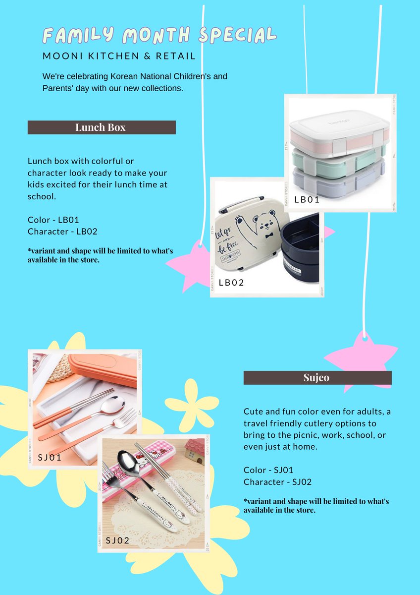 𝐅𝐀𝐌𝐈𝐋𝐘 𝐌𝐎𝐍𝐓𝐇 𝐒𝐏𝐄𝐂𝐈𝐀𝐋

Mooni Retail is celebrating Korean National Children's and Parent's day this month with our limited lunch box and sujeo, available until May 31st!