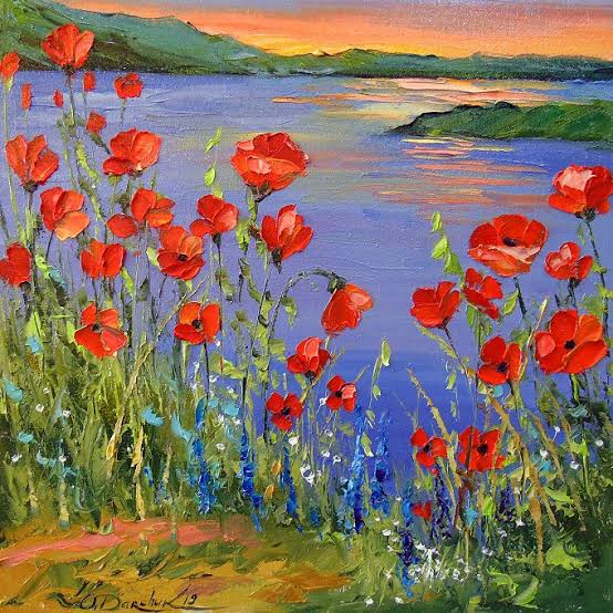 Poppies by riverside , Olha Darchuk #art #paintings #artists #SimpleArt