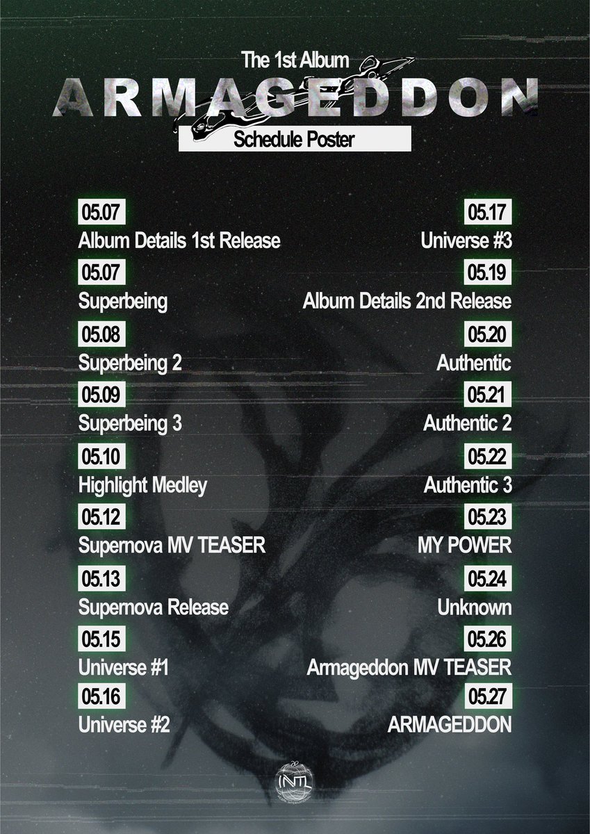'Armageddon' Schedule Poster 

aespa 에스파 The 1st Album〖Armageddon〗 
➫ 2024.05.27 6PM (KST) 

#Armageddon #aespaArmageddon
#aespa #에스파 @aespa_official
