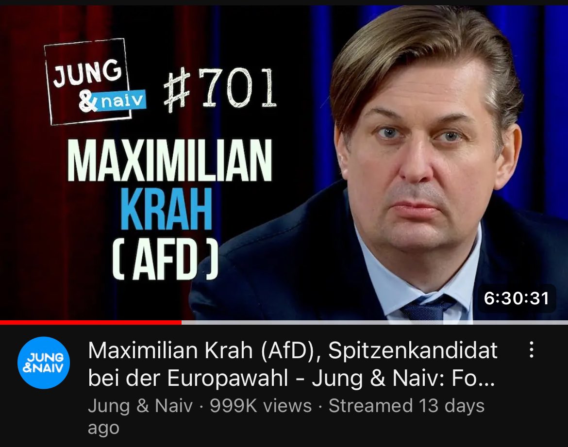 Kurz vor 1.000.000 Aufrufen. Das hat so kein anderer AfD-Politiker geschafft. Glückwunsch @KrahMax 💪🏼