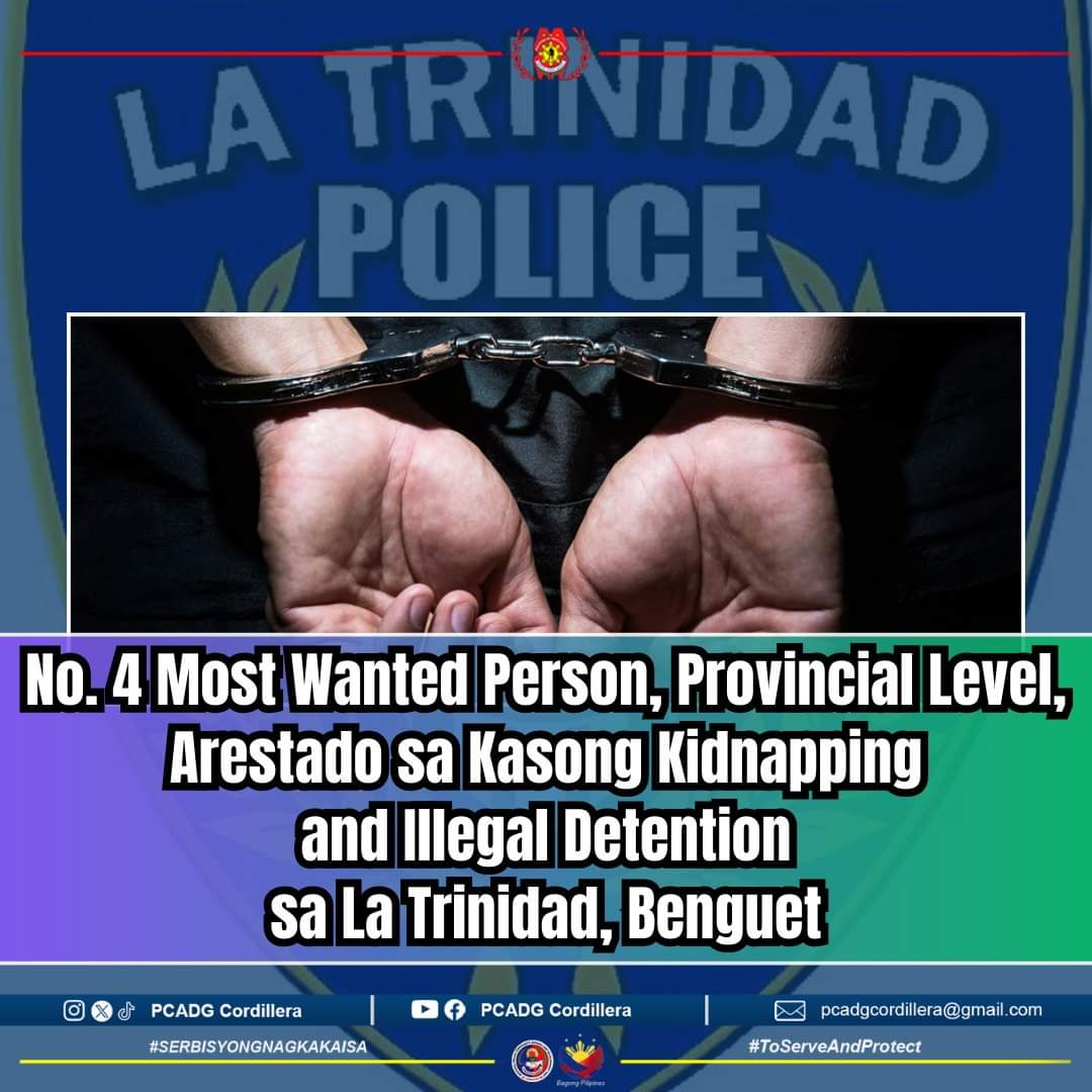 No. 4 Most Wanted Person, Provincial Level, Arestado sa Kasong Kidnapping and Illegal Detention sa La Trinidad, Benguet
facebook.com/share/p/VzD4kk…
#SerbisyongNagkakaisa
#ToServeandProtect
#PCADGCordillera
#BagongPilipinas