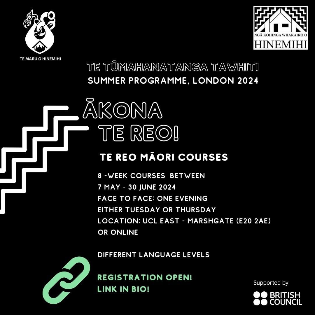 Kia ora e te whānau! Register now for Te Reo Māori Courses in London! Celebrating cultural exchange and inspired by Hinemihi o te Ao Tawhito. Proudly supported by the British Council. Register here: form.jotform.com/240942561005853