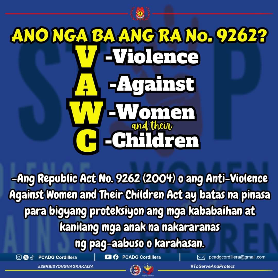 ANO NGA BA ANG RA No. 9262 o VAWC?
facebook.com/share/p/ta9d6w…
#SerbisyongNagkakaisa
#ToServeandProtect
#PCADGCordillera
#BagongPilipinas