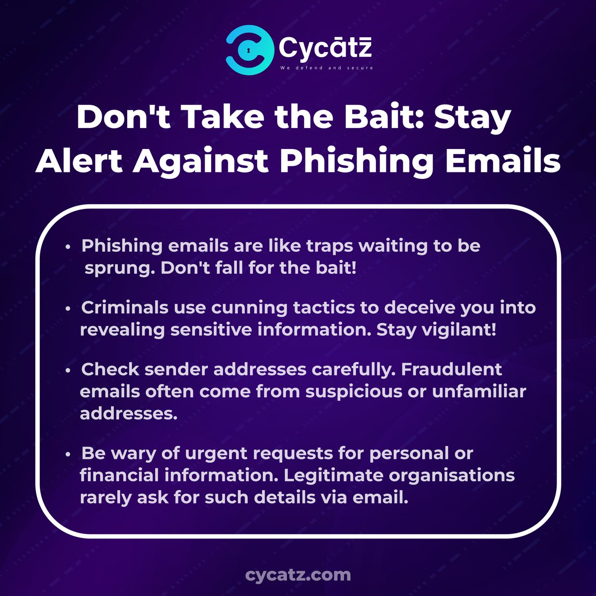 #CyCatz #Cybersecurity Don't Take the Bait: Stay Alert Against Phishing Emails

#cyberawareness #cyberattack #breaches #databreaches #cybercrime #darkwebmonitoring #SurfaceWebMonitoring #mobilesecurity #emailsecurity #vendorriskmanagement #BrandMonitoring #email