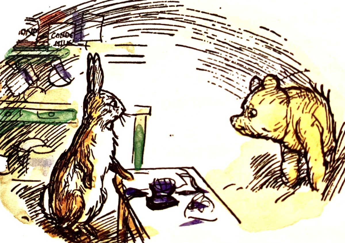 Humming to himself in a sticky voice, Pooh shook Rabbit lovingly by the paw and said that he must be going on. “Must you?” said Rabbit politely. “Well,” said Pooh, “I could stay a little longer if it - if you -” and he tried hard to look in the direction of the larder. ~A.A.Milne