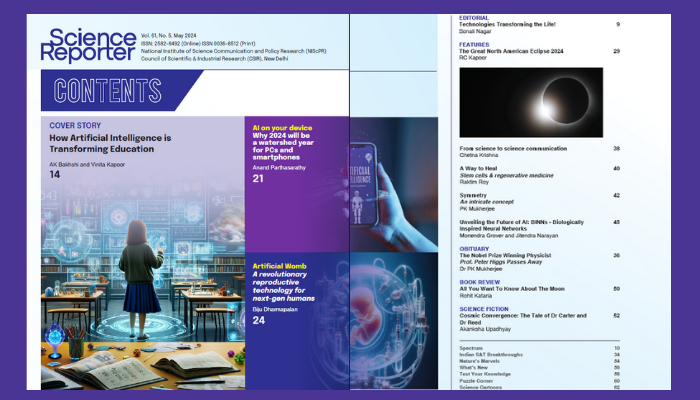 The May 2024 issue of Science Reporter, published by @CSIR_NIScPR, is out, featuring the cover story on 'How Artificial Intelligence is Transforming Education' and other interesting articles. Enjoy reading at nopr.niscpr.res.in/handle/1234567…