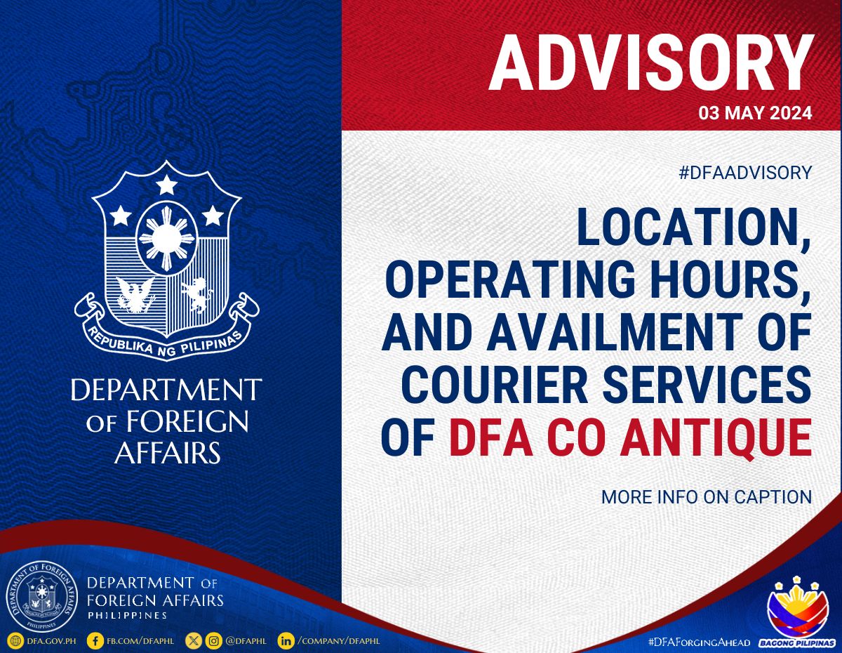 (1/2) READ #DFAAdvisory: CO Antique started its daily operations in its interim office space on 30 January 2024 at the 3rd Floor of Robinsons Antique, San Jose de Buenavista, Antique. The CO caters passport applicants from Monday-Friday (excluding Holidays) at 9:00 AM to 4:00 PM.