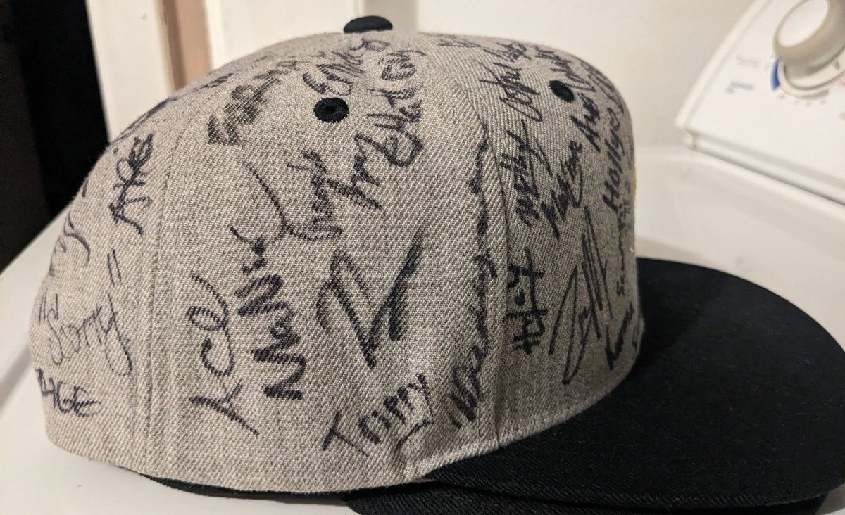 This was a custom hat I got made for the @TheEavesdrop hosted by @H3CZ . My goal has been to get it signed, only by guests from the podcast. Aim is to eventually get more at other events I get to attend. #opticgaming #greenwall #brickbybrick