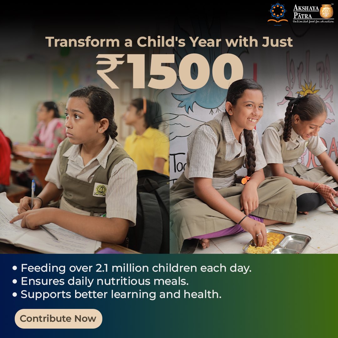 Just 1500 INR from you can light up an entire school year for a child. Your donation supports daily nutritious meals that enable children to focus on their studies and dreams, not their hunger. Contribute now to transform education into a right, not a privilege.…