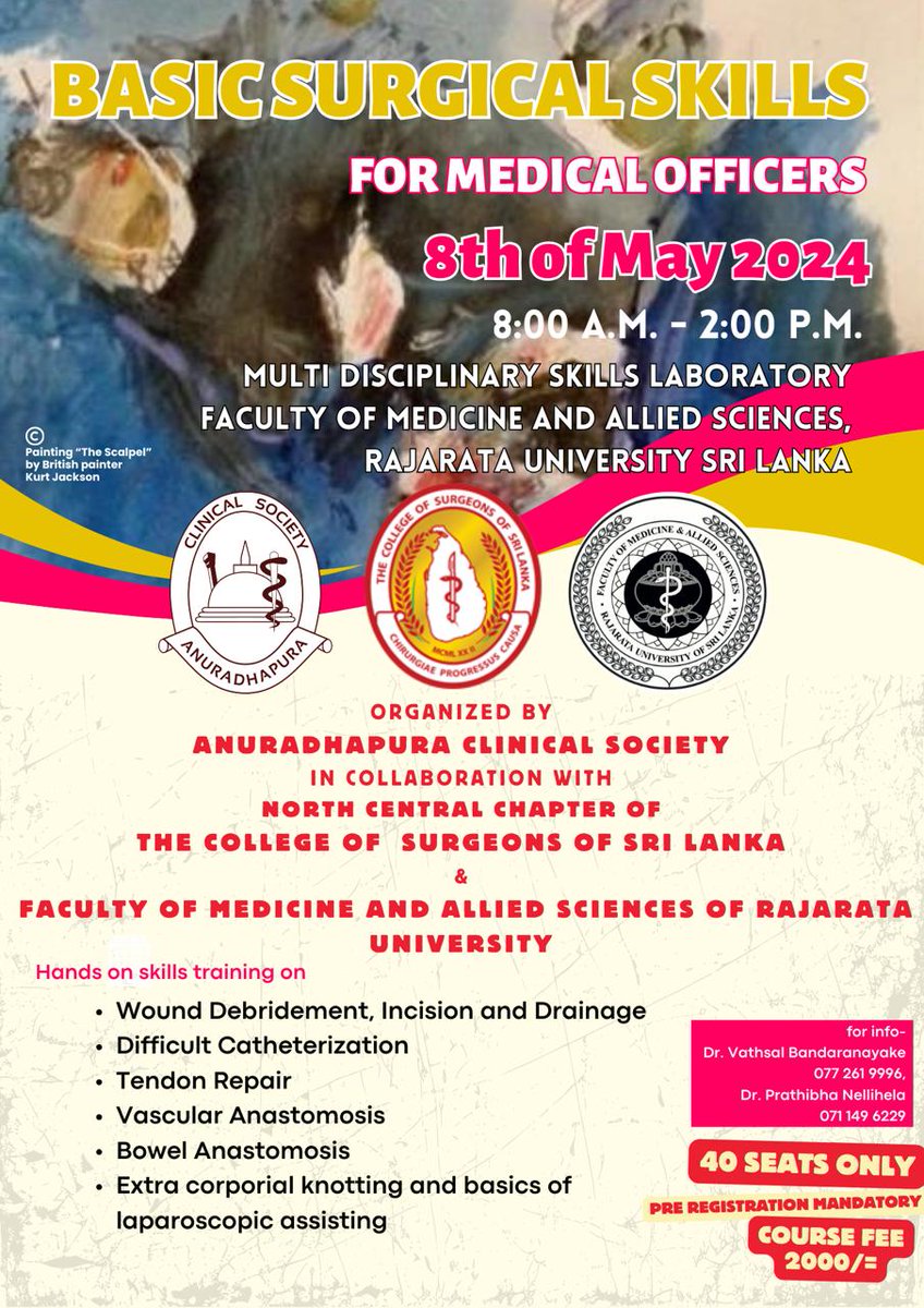 Basic Surgical Skills for Medical Officers - 8th of May 2024 For registration: forms.gle/2XEzeAXRuZcqXS…