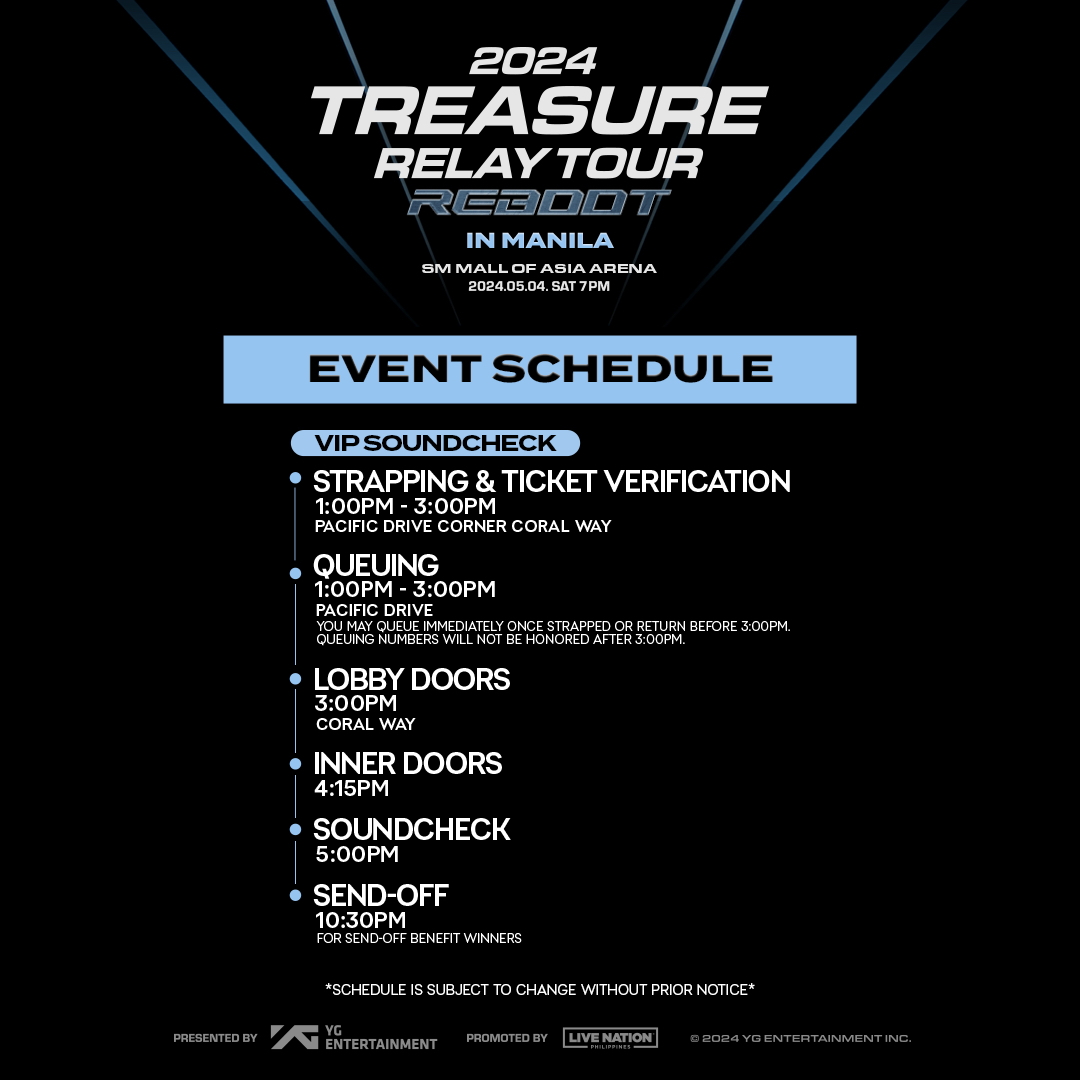 Attention, Philippine Teume! Please take note of the event schedule for TREASURE RELAY TOUR [REBOOT] IN MANILA 📢  Venue map is up to help you navigate your way around ✨

See you tomorrow! 😍

#TREASURE #트레저 #RELAY #TOUR #REBOOT #YG  #TREASURE_REBOOT_IN_MANILA