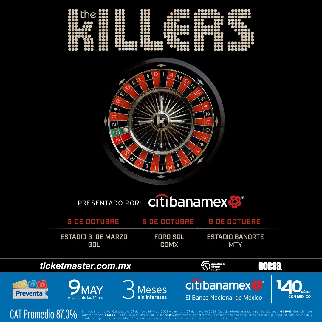The Killers regresará a México a finales del 2024 para celebrar su 20 aniversario.

Guadalajara: 3 octubre, Estadio 3 de marzo
CDMX: 5 octubre, Foro Sol
Monterrey: 9 octubre, Estadio Banorte

La #PreventaCitibanamex será el 9 de Mayo (aplicará para todas las fechas)