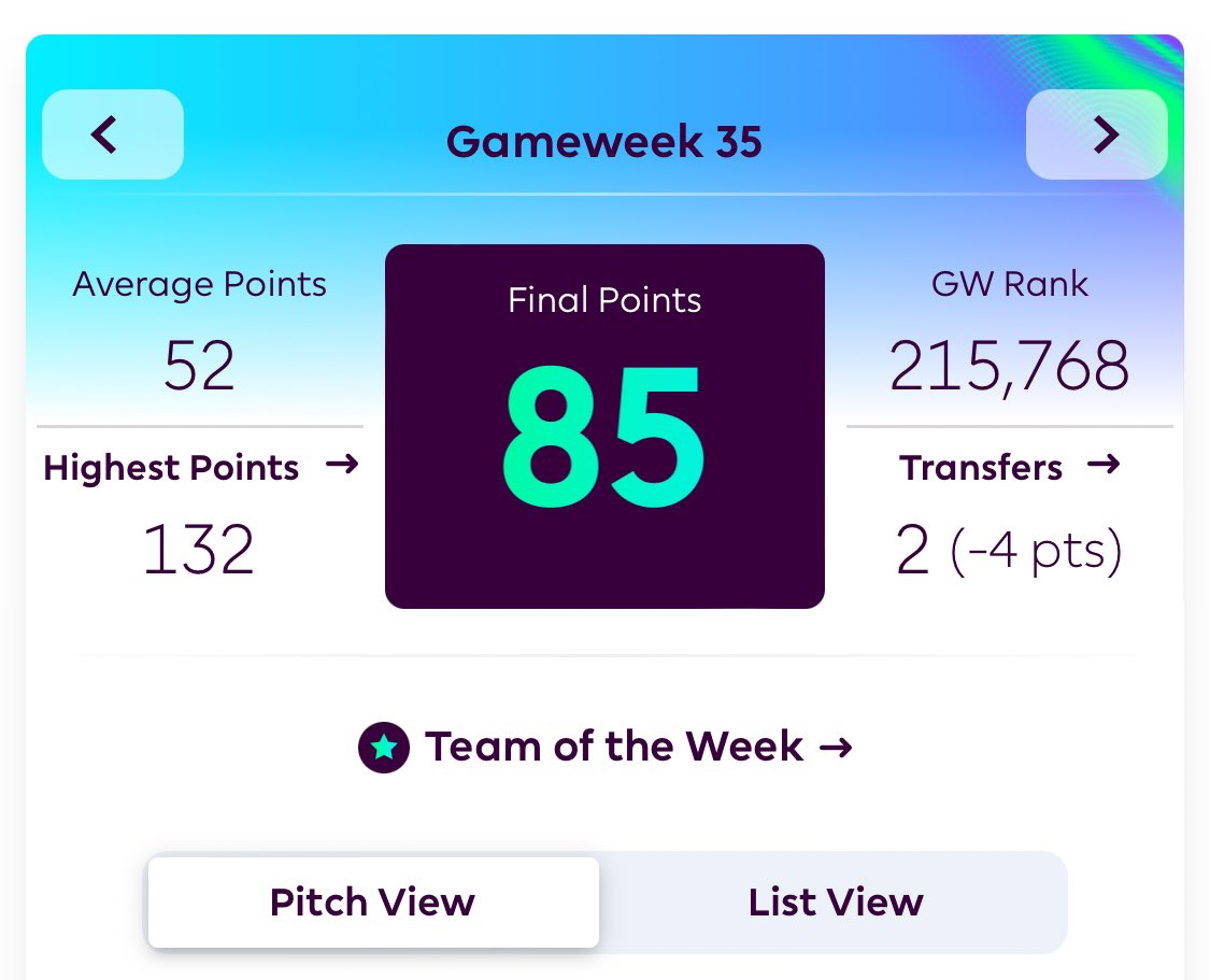 FPdeviL's tweet image. #FPL #GW35 85 points! 🍾 

Lucky with Gusto not playing as got Senesi off my bench. 

My highest ranked GW this season. 

1989 total
1.8m OR