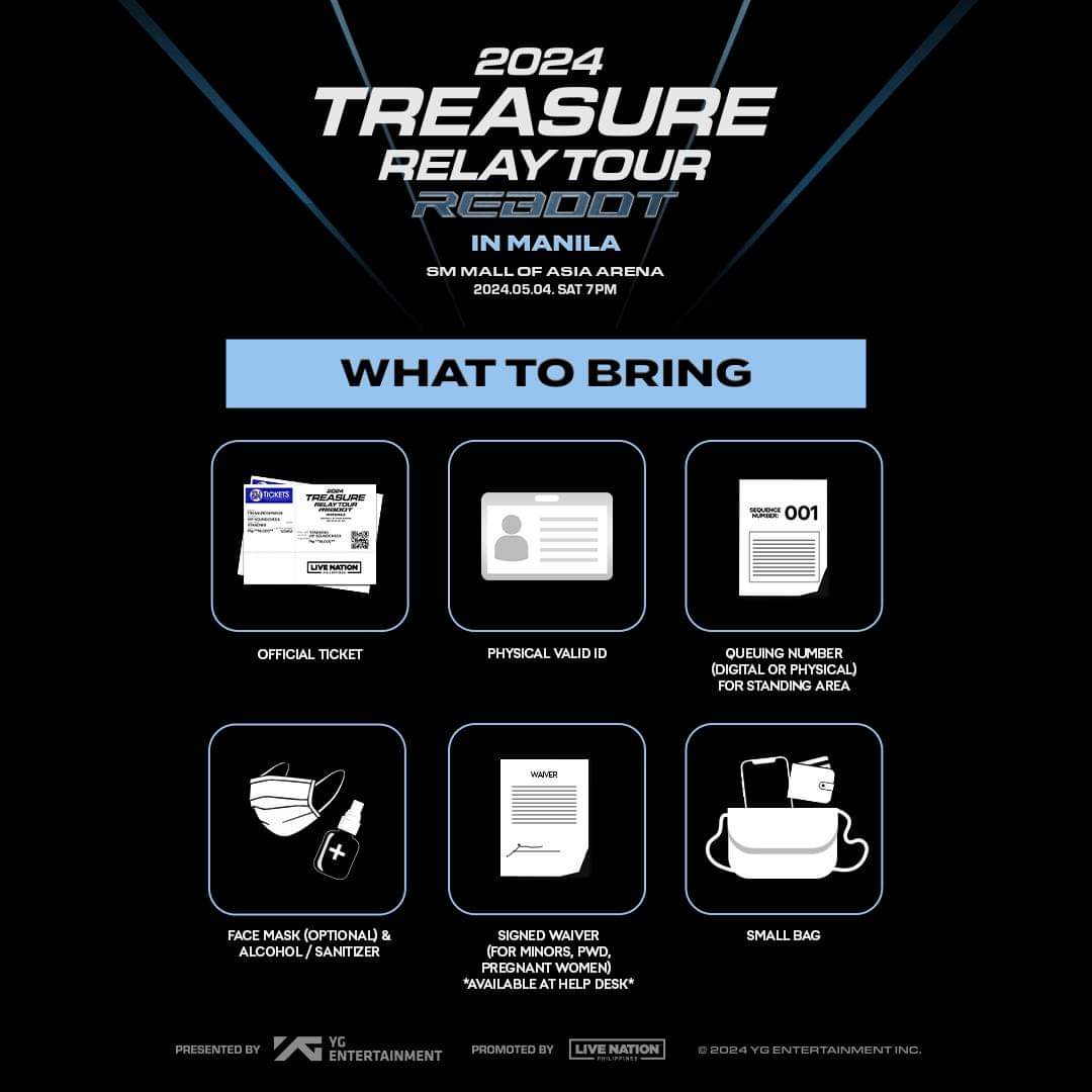 Attention PH TEUME! 📢 

Take note of these event guidelines from @livenationph to ensure a safe and enjoyable experience during #TREASURE_REBOOT_IN_MANILA.

#TREASUREAtMOAArena
#ChangingTheGameElevatingEntertainemnt