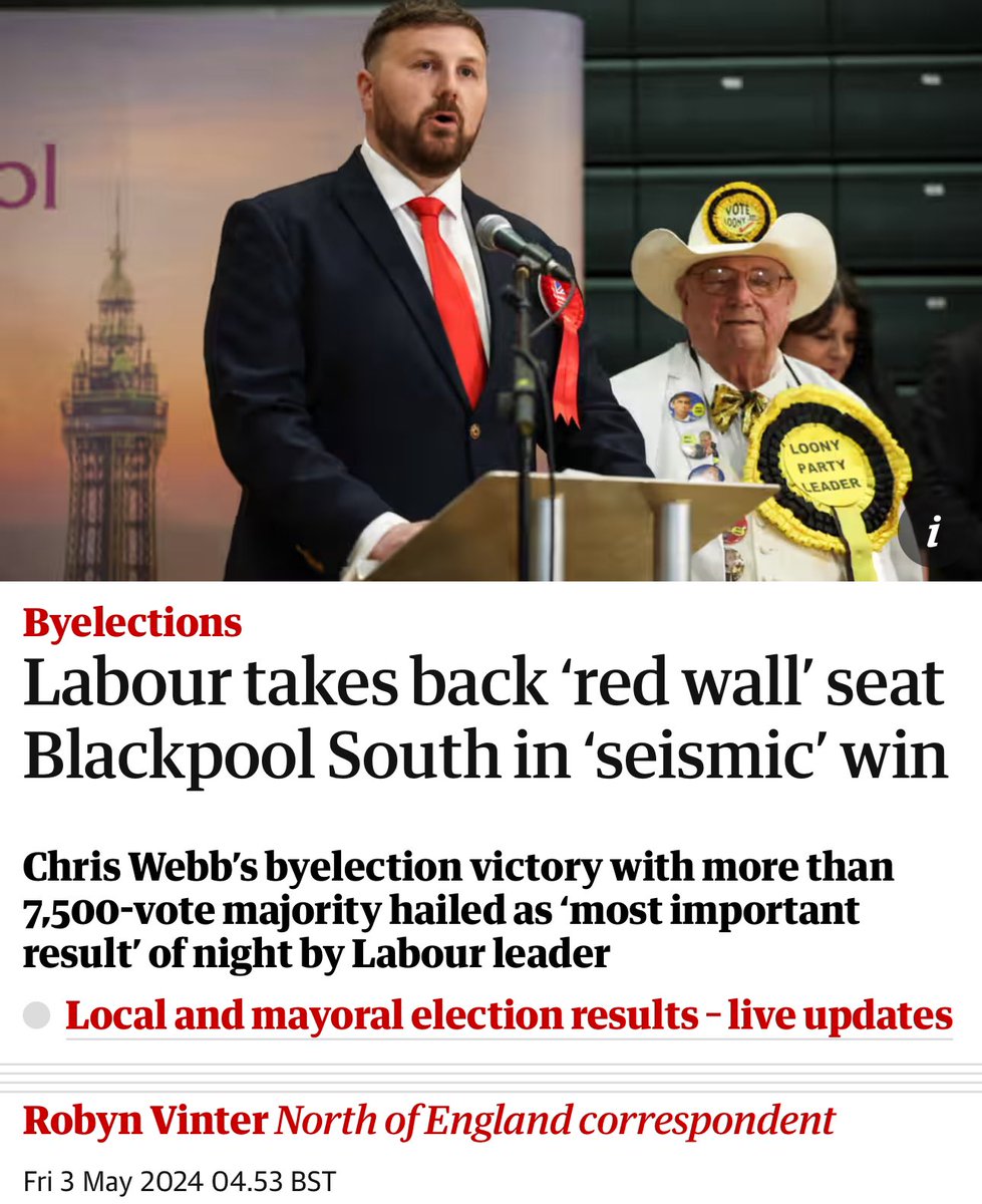 Fantastic news! Labour Chris Webb has regained Blackpool South in the by-election 🙌 Labour 10,825 Conservative 3,218 Reform 3,101 “Prime minister, do the decent thing, admit you’ve failed and call an election,” said Chris Webb in his victory speech. theguardian.com/politics/artic…