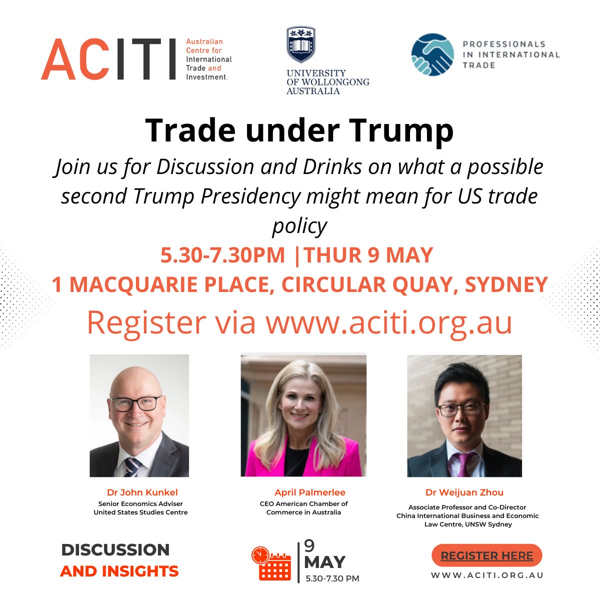 Less than one week to go until the Trade Under Trump event, hosted by @UOW_TLPC , ACITI and PIT, w/ John Kunkel (@USSC), @AprilPalmerlee and @WeihuanZhou. 9 May 2024, 5:30 pm @ UOW Sydney CBD campus More info and registration at: aciti.org.au/post/save-the-… cc: @UOW_VC @UOW