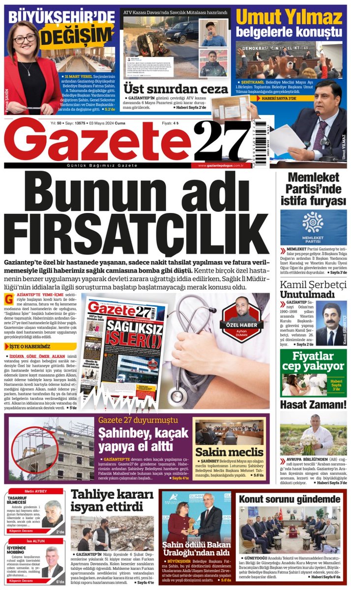 Gazetemizin bugünkü 1. sayfası DETAYLAR İÇİN: gaziantepdogus.com