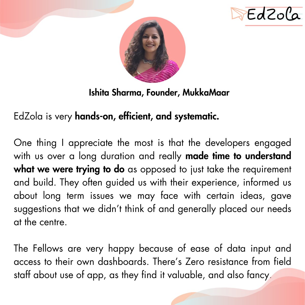 Since partnering with @MukkaMaar  in 2022, we've seen their incredible impact in Mumbai. Ishita Sharma's kind words about us were heartwarming, and we're proud to support MukkaMaar's mission to empower young girls. 
Learn more:edzola.com/post/zohocreat… 
#nonprofits #tech4good