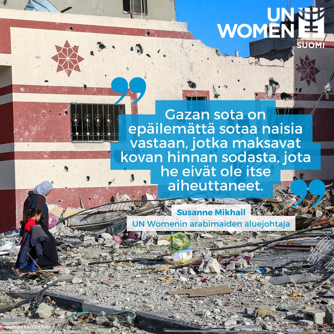 Kuusi kuukautta sodan jälkeen 10 000 gazalaista naista on saanut surmansa. Heidän joukossaan on arviolta 6 000 äitiä, ja 19 000 lasta on jäänyt orvoksi. Auta ja lahjoita: tekstaa HELP20 numeroon 16499 (20€) tai lahjoita haluamasi summa verkkosivuillamme unwomen.fi/gaza.