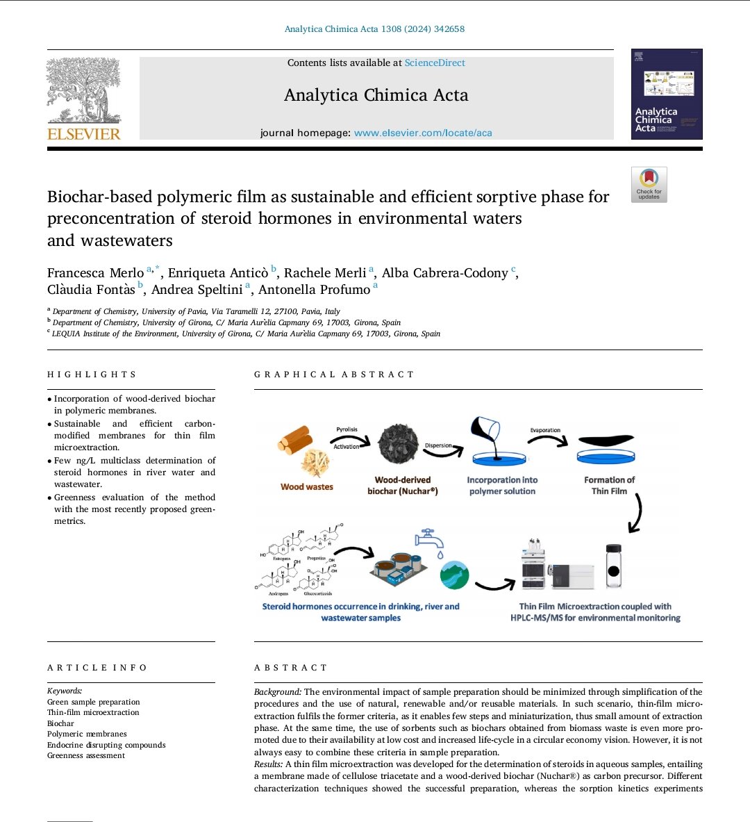 📢 New paper from our research collab with Pavia University @unipv & @QuimicaUdG 🌱🔬 On the development of a cutting-edge biochar-based polymeric film to efficiently concentrate steroid hormones in water & wastewater 🌊⚗️ @LEQUIA_UdG doi.org/10.1016/j.aca.…